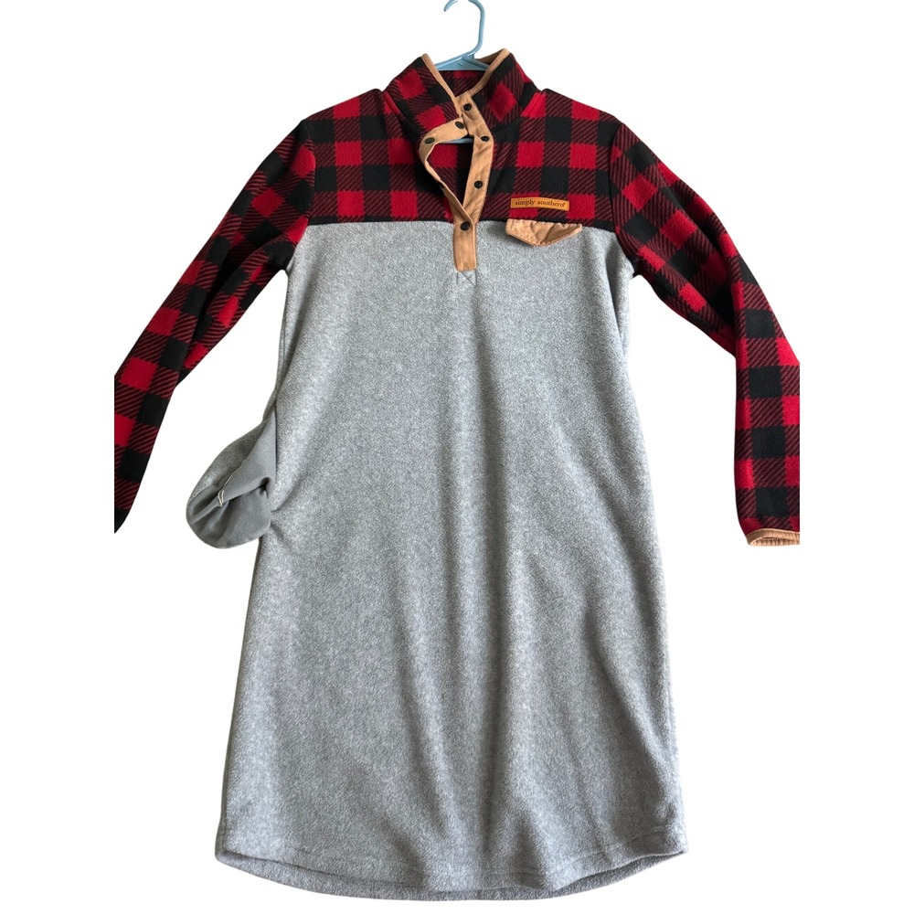 Simply Southern Womens Fleece Dress Buffalo Plaid Red Grey Snap Neck Small